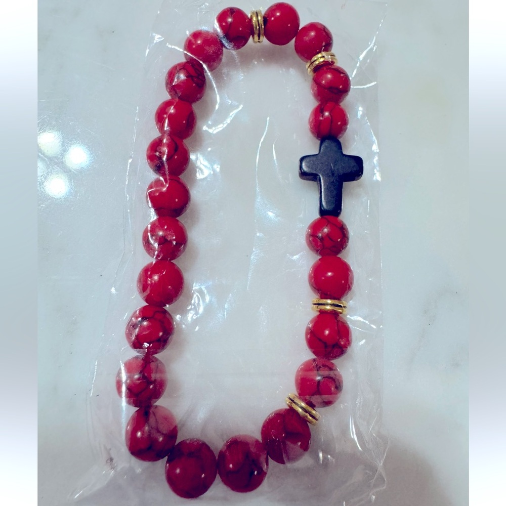 NEW Red Bead & Cross Bracelet